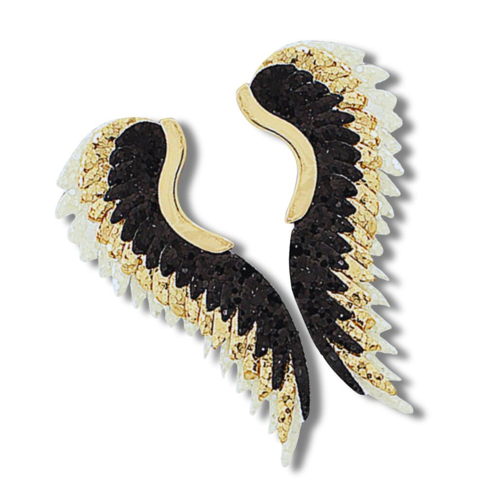 Gorgeous Flat Sequin Angel Wing Boutique Statement Earrings Gold Black Glam NEW